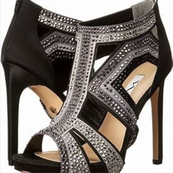 NINA FLAVOR - LS BLACK STEEL EMBELLISHED SATIN HIGH HEELS EVENING 6.5 W BOX - Picture 4 of 16